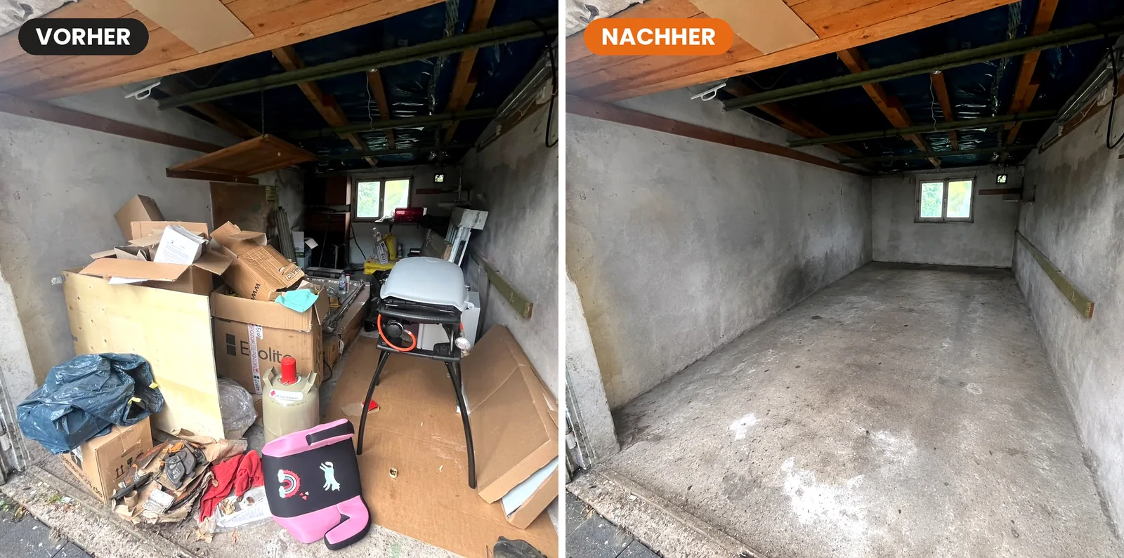 Garagenentrümpelung in Dormagen: links die vollgestellte Garage vor der Räumung, rechts der leere, besenrein übergebene Raum