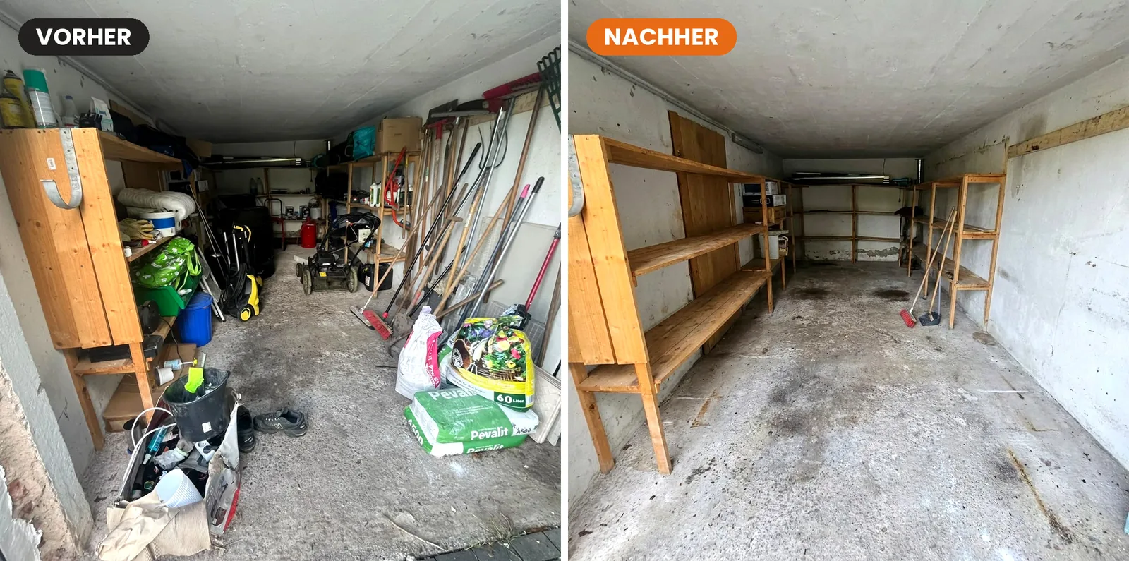 Entrümpelung einer Garage im Vorher-Nachher-Vergleich: links Gartengeräte, Rasenmäher und Werkzeug, rechts der leergeräumte Raum mit freien Regalen